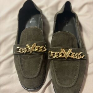 Louis Vuitton Dark Olive Loafers with Gold Chain